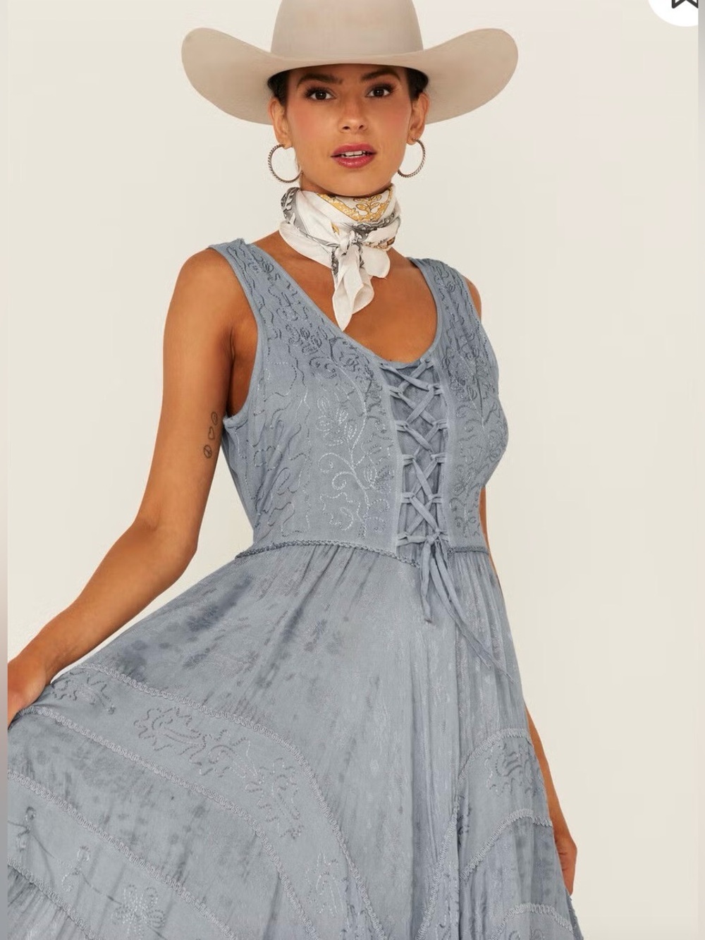Scully Lace-Up Jacquard Midi Dress – Dusty Blue Size L Western Ranch - Picture 4 of 13